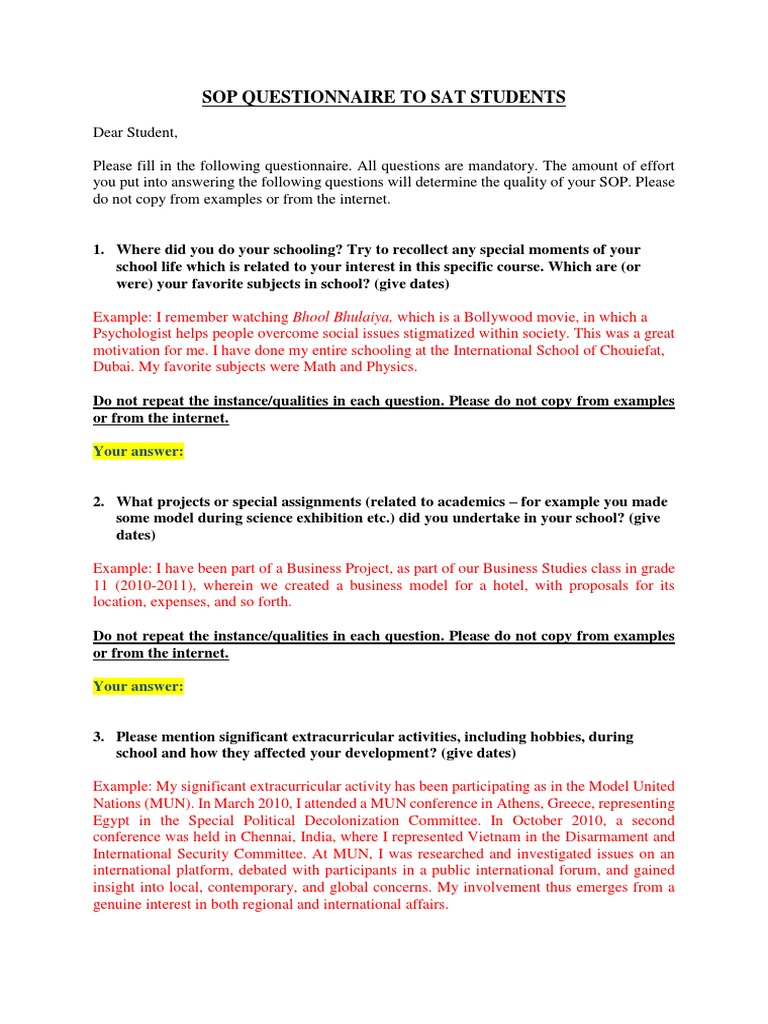 SOP Questionnaire for Students | PDF | Bachelor's Degree | Engineering