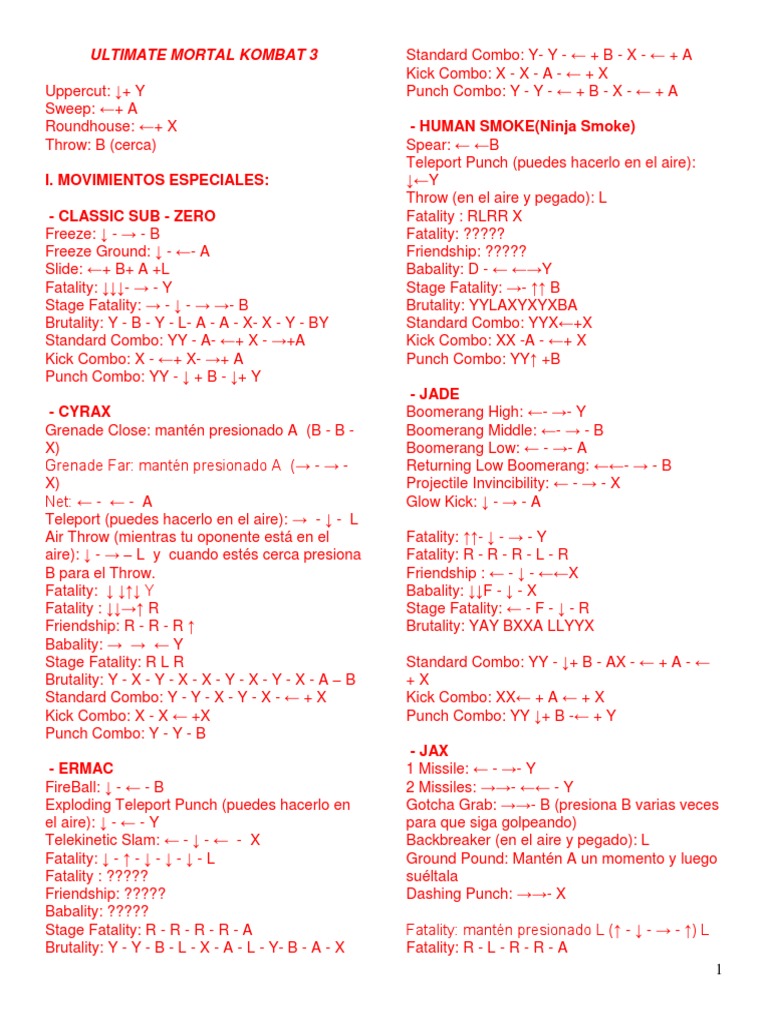 Ultimate Mortal Kombat 3 Pdf Personajes Creados Juego De Azar