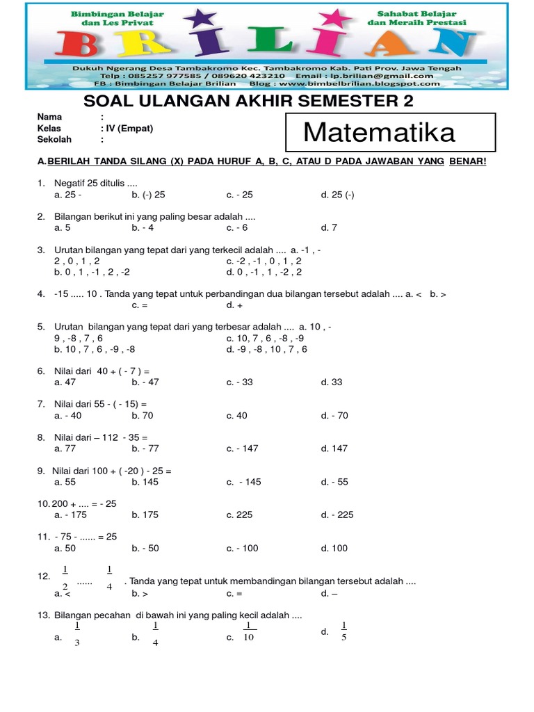 Soal Uas Matematika Kelas 4 Sd Semester 2 Dan Kunci Jawaban Salinan Pdf