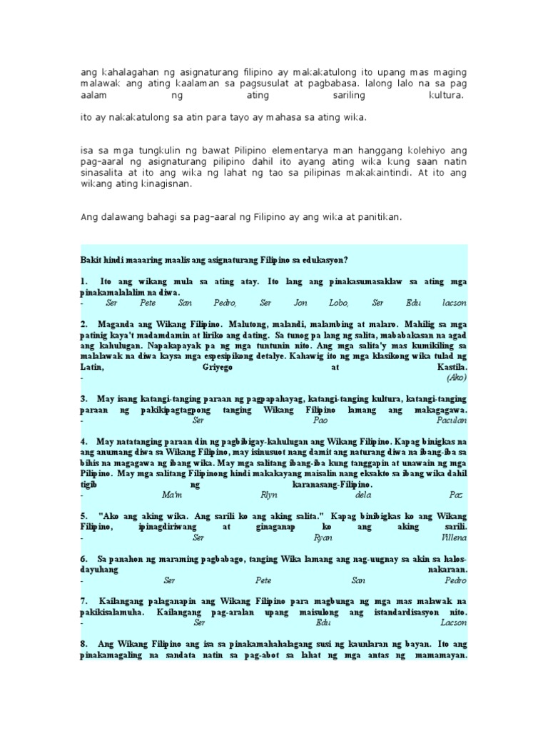 Ang Kahalagahan Ng Asignaturang Filipino Ay Makakatulong Ito Upang Mas Maging Malawak Ang Ating Kaalaman Sa Pagsusulat At Pagbabasa