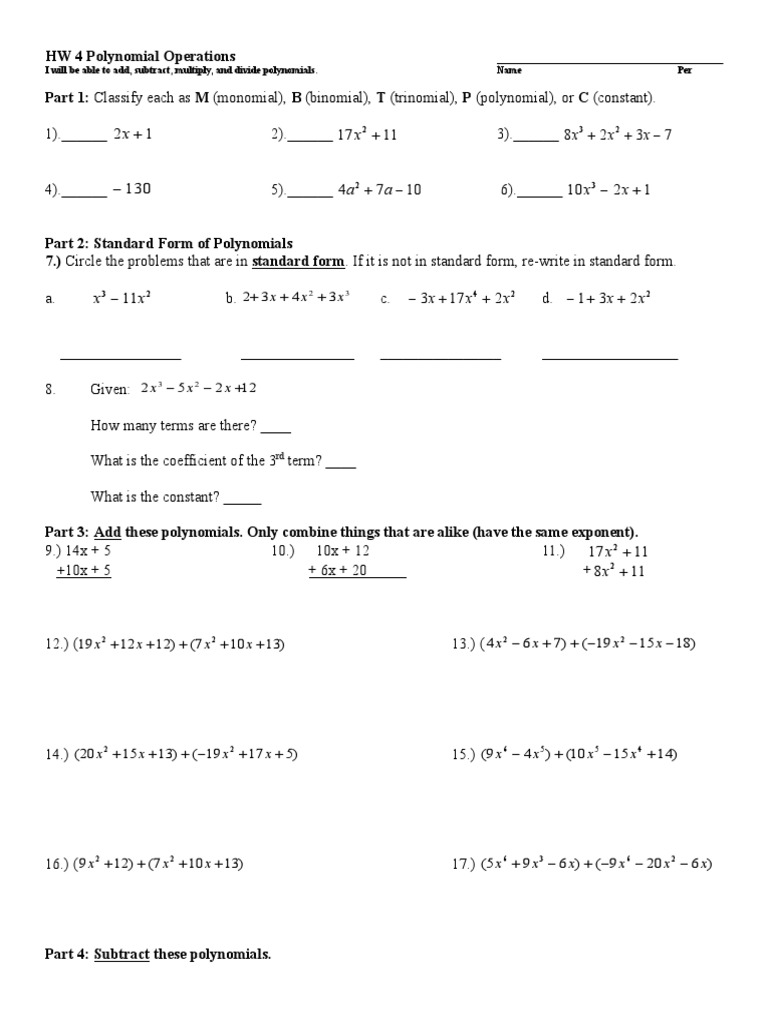Polynomial Operations: Classifying, Adding, Subtracting, Multiplying ...