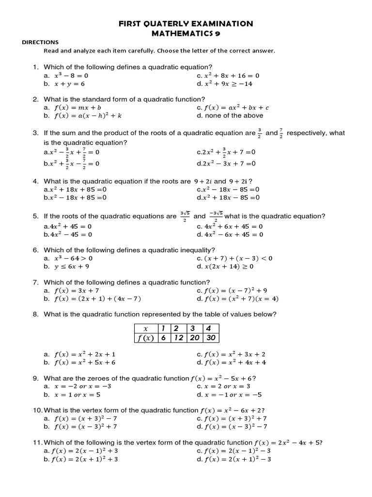 First Quaterly Examination Quadratic Equation Algebra
