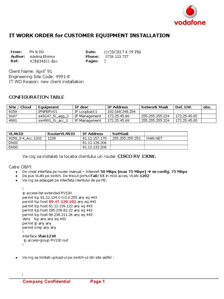 IT Work Order: Customer Equipment Setup | PDF | Ip Address | Router ...