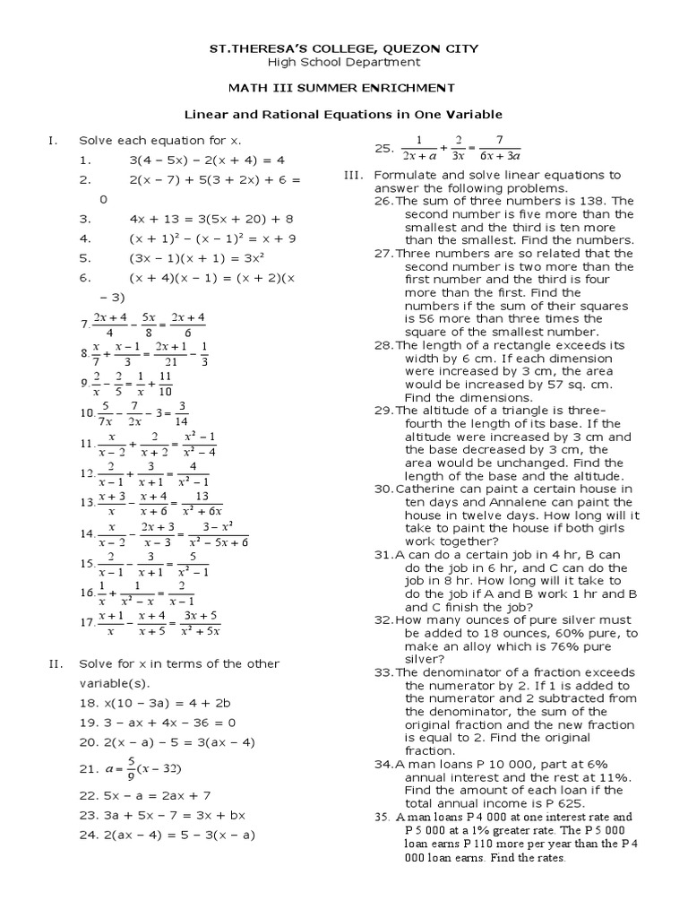 Solving Linear and Rational Equations | PDF | Fraction (Mathematics ...