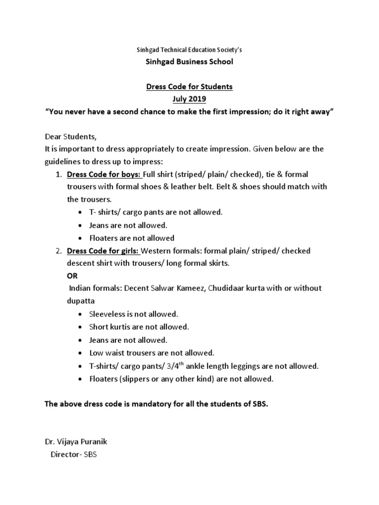 Sinhgad Business School Dress Code Guidelines | PDF