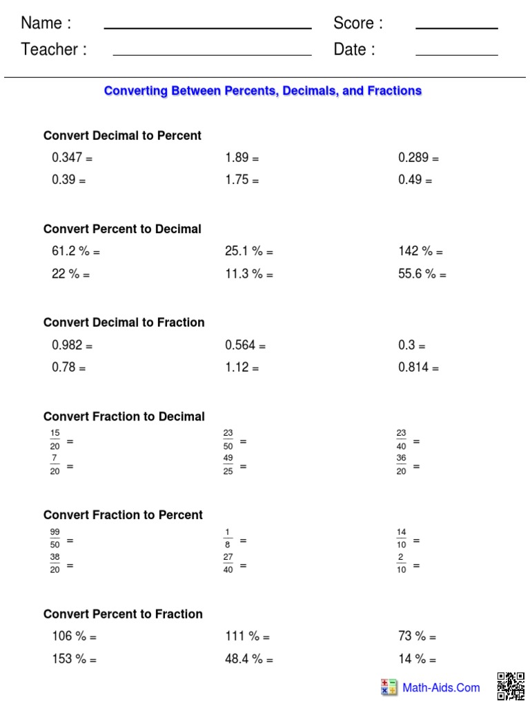 Percentage Conversion Worksheet PDF  Decimal  Fraction Within Fraction Decimal Percent Worksheet Pdf