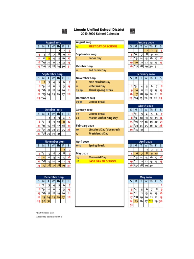 19 20 School Calendar 2019 2020 PDF Public Holiday Observances