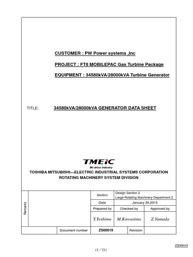 ZS00019 (Generator Data Sheet) PDF Electric Generator Mechanical