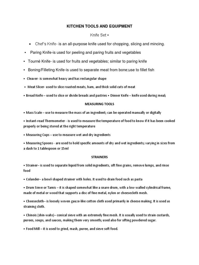 Kitchen Tools and Equipment PDF Cookware And Bakeware Cooking