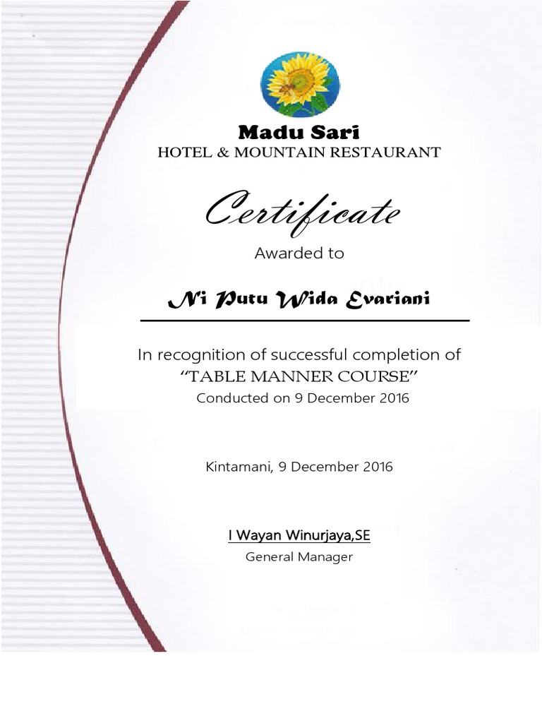 Table Manner Course Certificate 2016 | PDF
