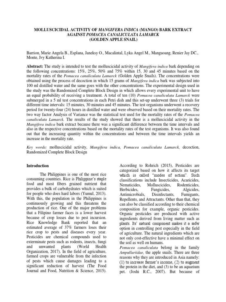 (Technical Paper) MOLLUSCICIDAL ACTIVITY OF MANGIFERA INDICA TECHNICAL PAPER PDF Rice