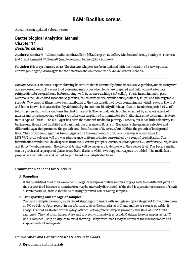 BAM Bacillus Cereus Bacteriological Analytical Manual PDF Growth Medium Bacillus