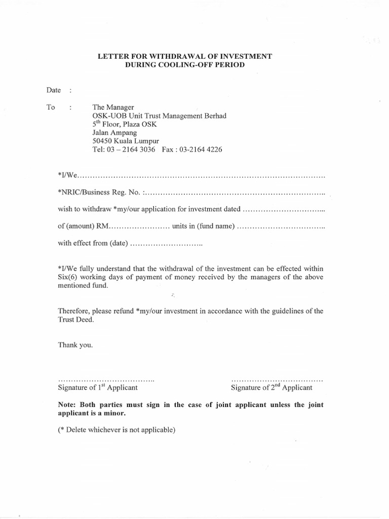 Letter For Withdrawal of Investment During Cooling-Off Period | PDF