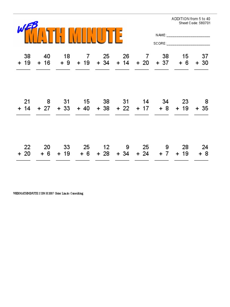 Web Math Minute Add 540 PDF Computing Software