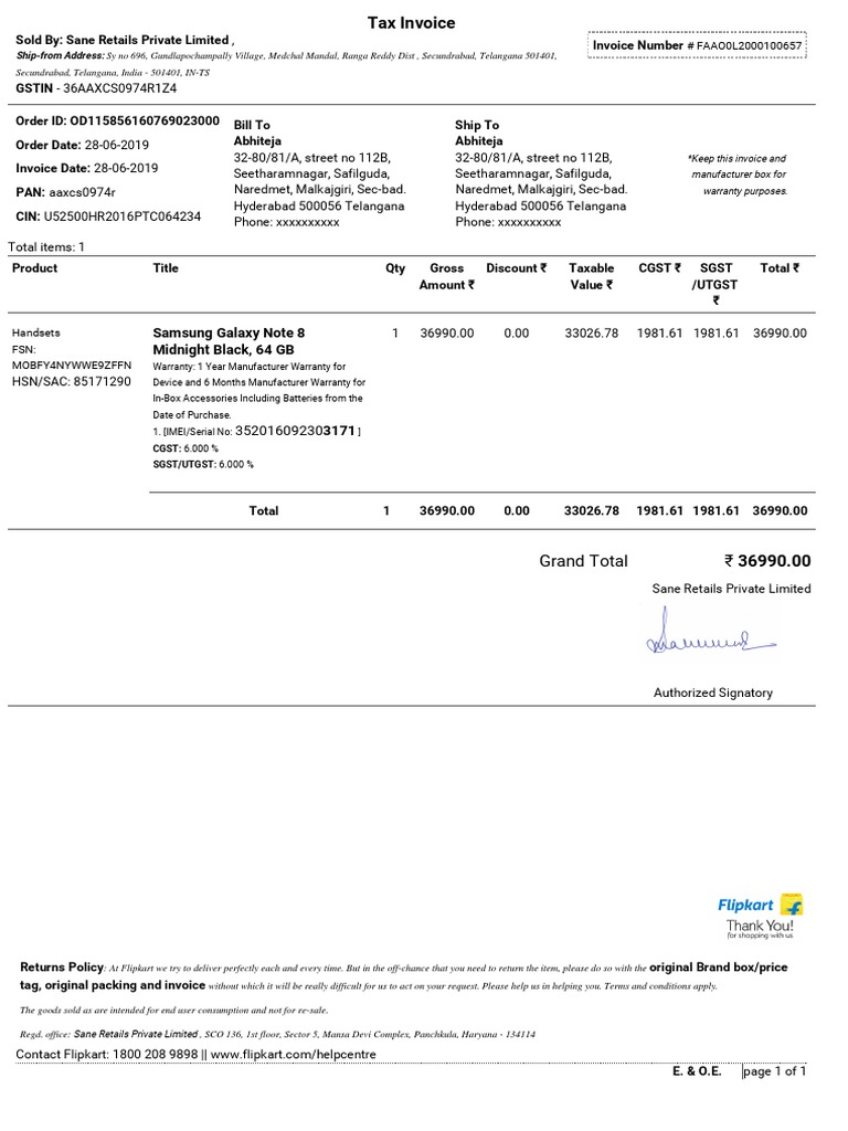 Samsung Galaxy Note 8 Invoice | PDF | Invoice | Mobile Computers