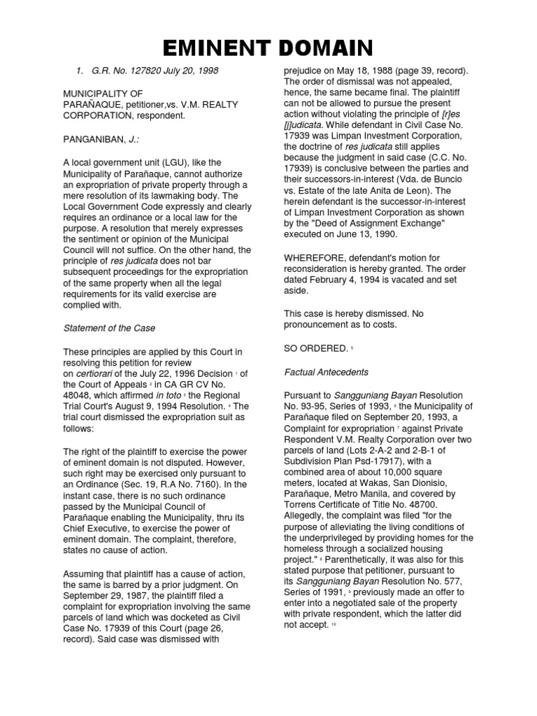 Expropriation Case: Parañaque vs. V.M. Realty | PDF | Eminent Domain ...