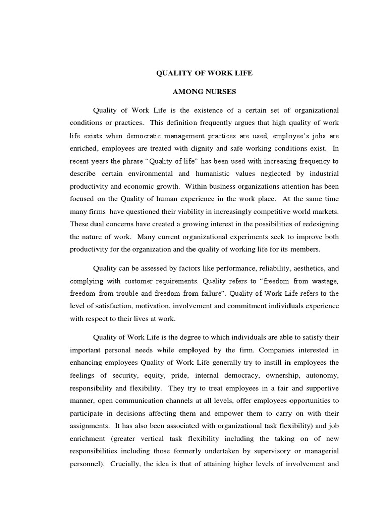 Quality of Work Life Among Nurses | PDF | Job Satisfaction ...