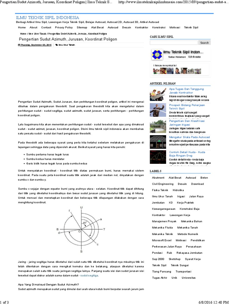 Pengertian Sudut Azimuth Jurusan Koordinat Poligon Ilmu Teknik Sipil Indonesia