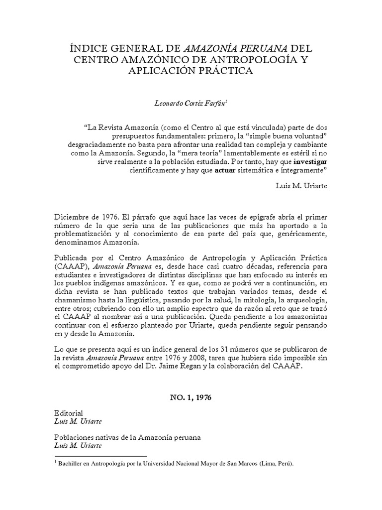 Índice de la Revista Amazonía Peruana | PDF | Selva amazónica | Perú