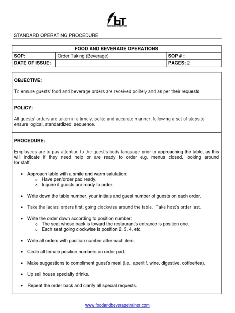 Beverage Order Taking SOP | PDF | Drink | Restaurants