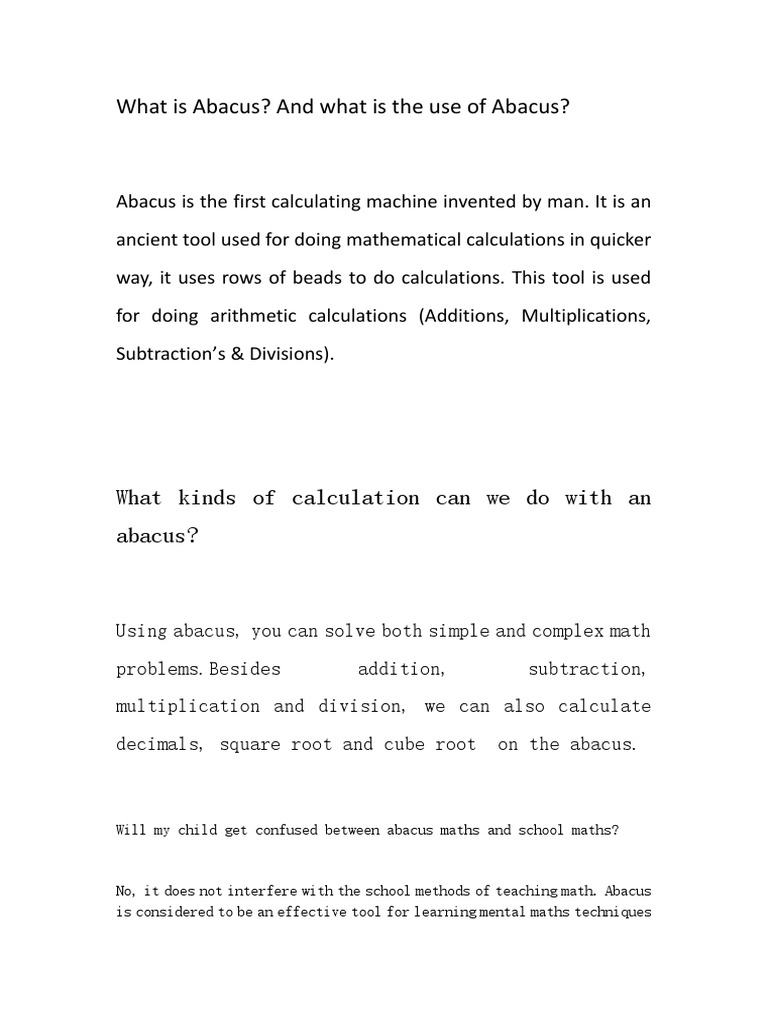 Benefits and Uses of Abacus | PDF | Arithmetic | Teaching Mathematics