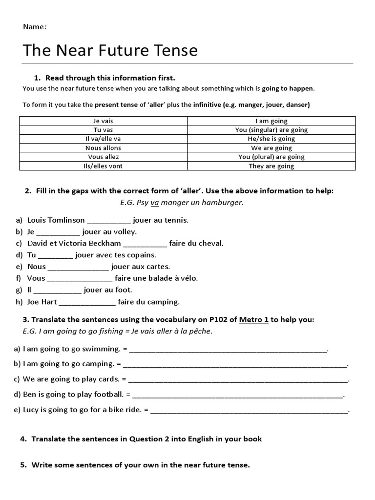 French Future Worksheet Pdf Syntactic Relationships Languages