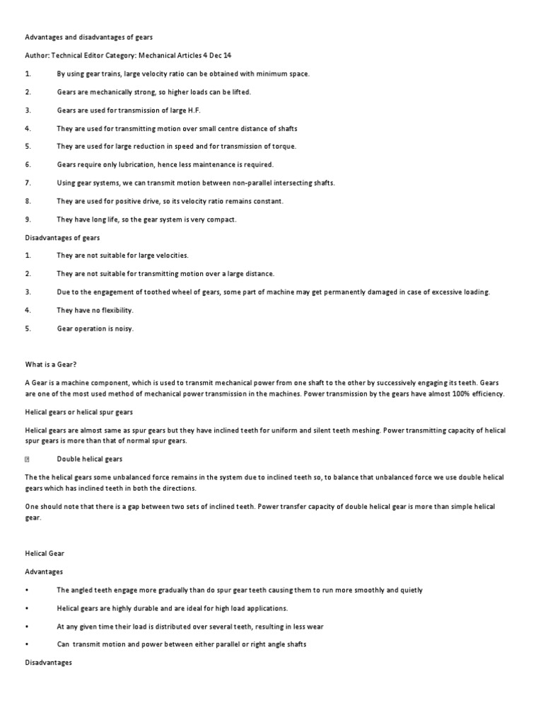 Advantages and Disadvantages of Gears PDF Gear Transmission