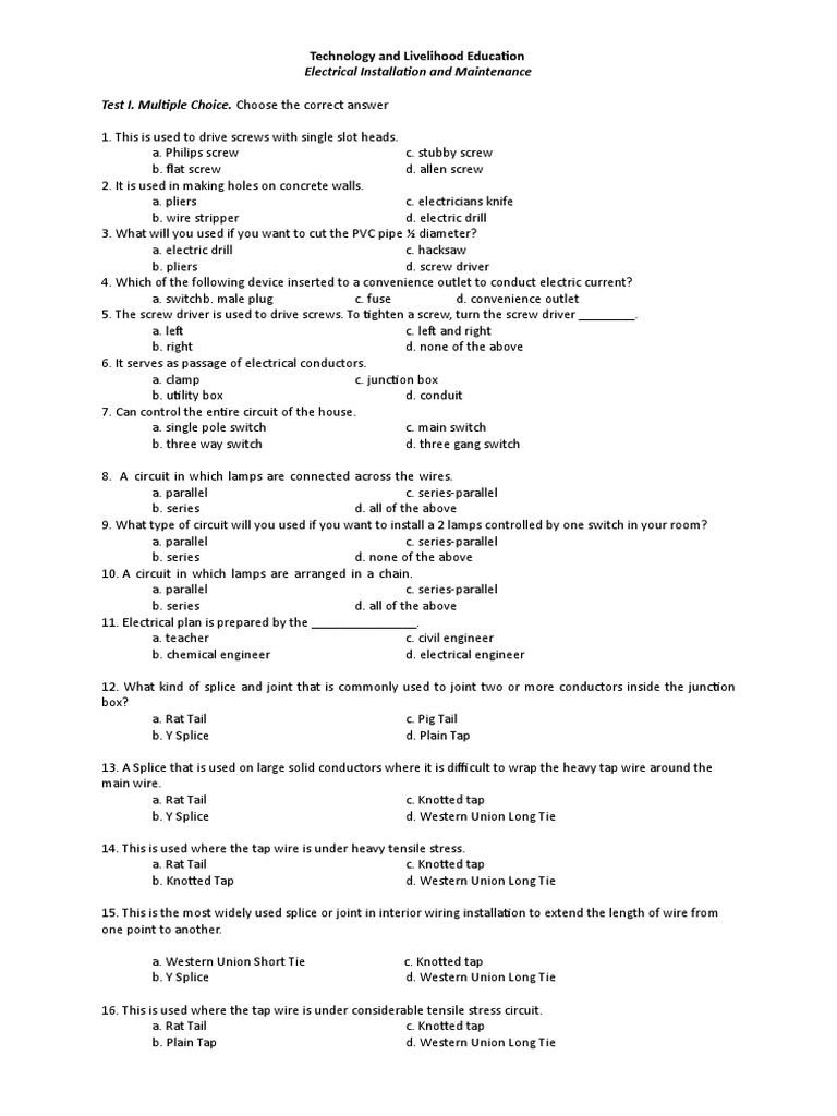 Electrical Installation and Maintenance Test I. Multiple Choice. Choose