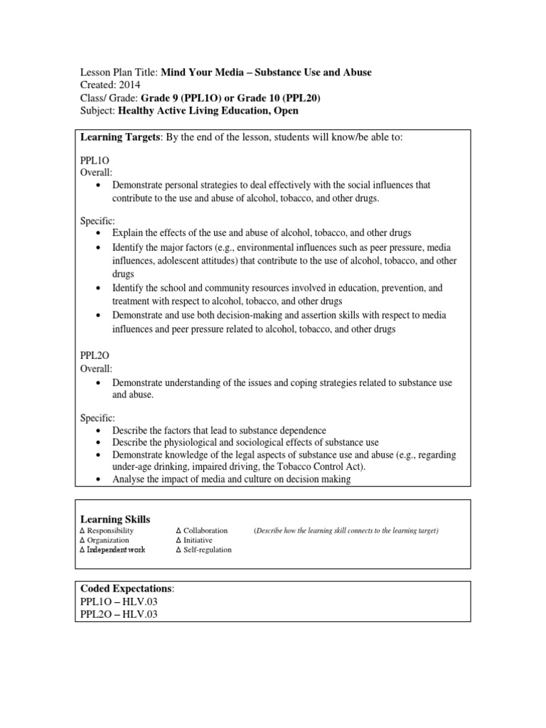 Substance Abuse Education Lesson Plan | PDF | Substance Abuse | Learning