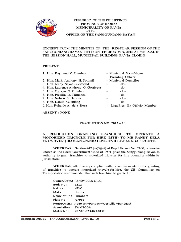 Sample Tricycle Franchise From Pavia PDF Government