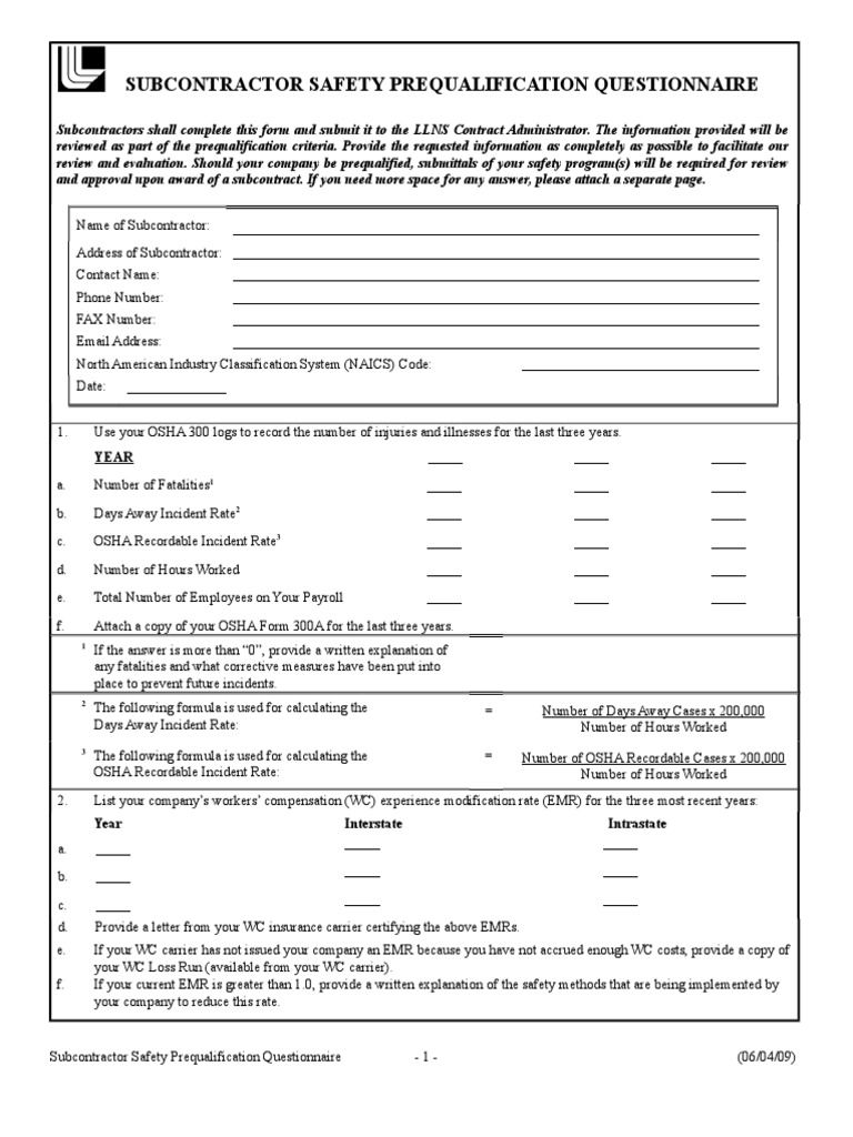 Subcontractor Safety Prequalification Form | PDF | Occupational Safety ...