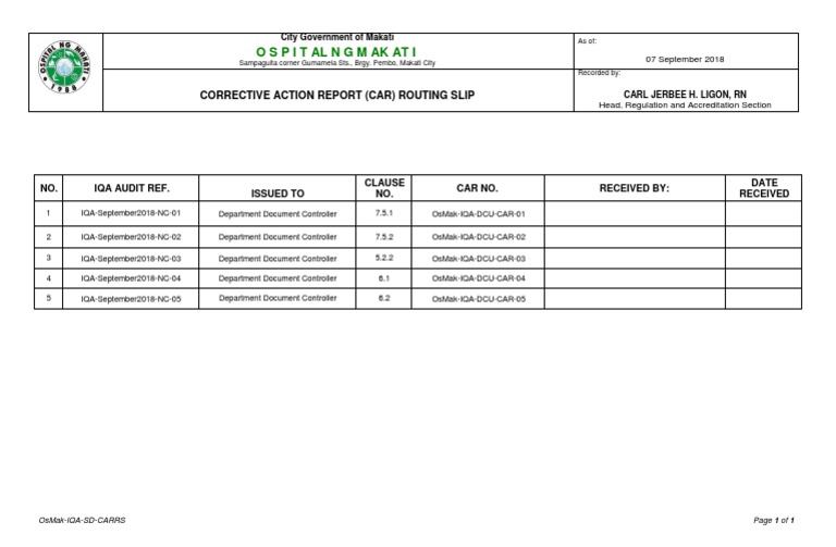Ospitalngmakati: Corrective Action Report (Car) Routing Slip | PDF