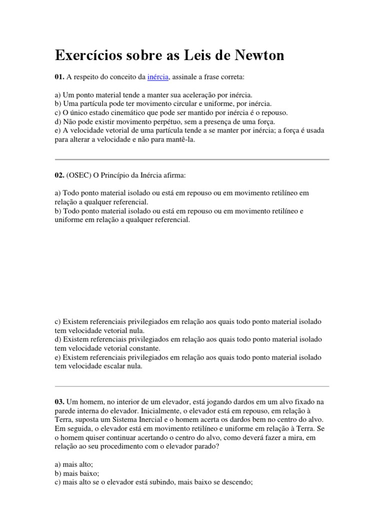 Exercícios Sobre As Leis de Newton | PDF | Inércia | Leis do Movimento ...