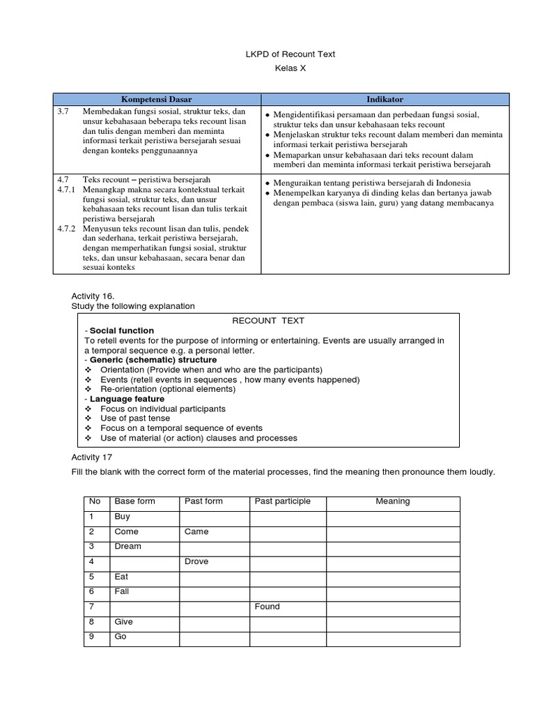 Lkpd Of Recount Text Docx Linguistic Typology Languages