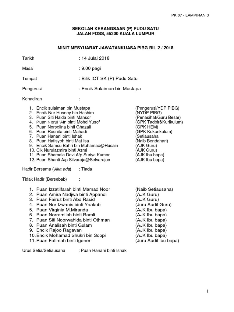 Pk 07 Lampiran 3 Contoh Format Minit Mesyuarat Edited Pdf
