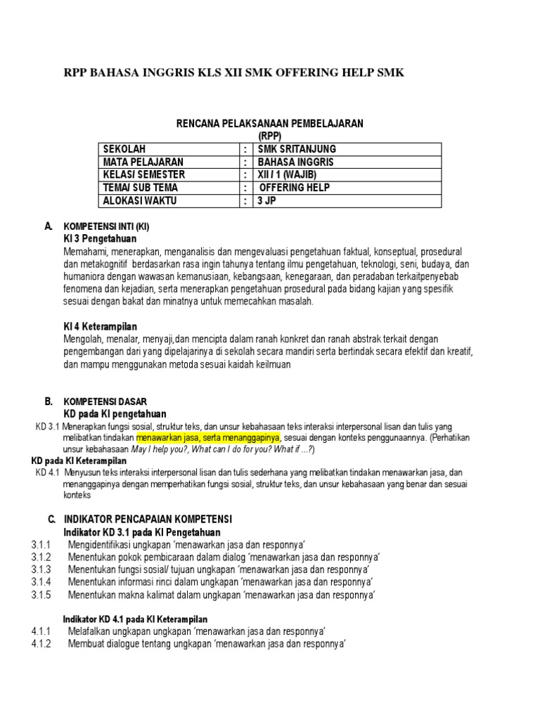 Rpp Bahasa Inggris Kls Xii Smk Offering Help Smk