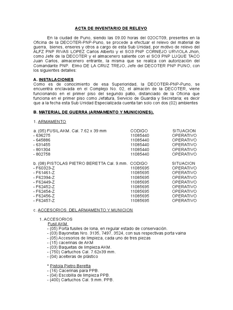 Acta de Inventario de Material PNP Puno | PDF | Bienes manufacturados ...