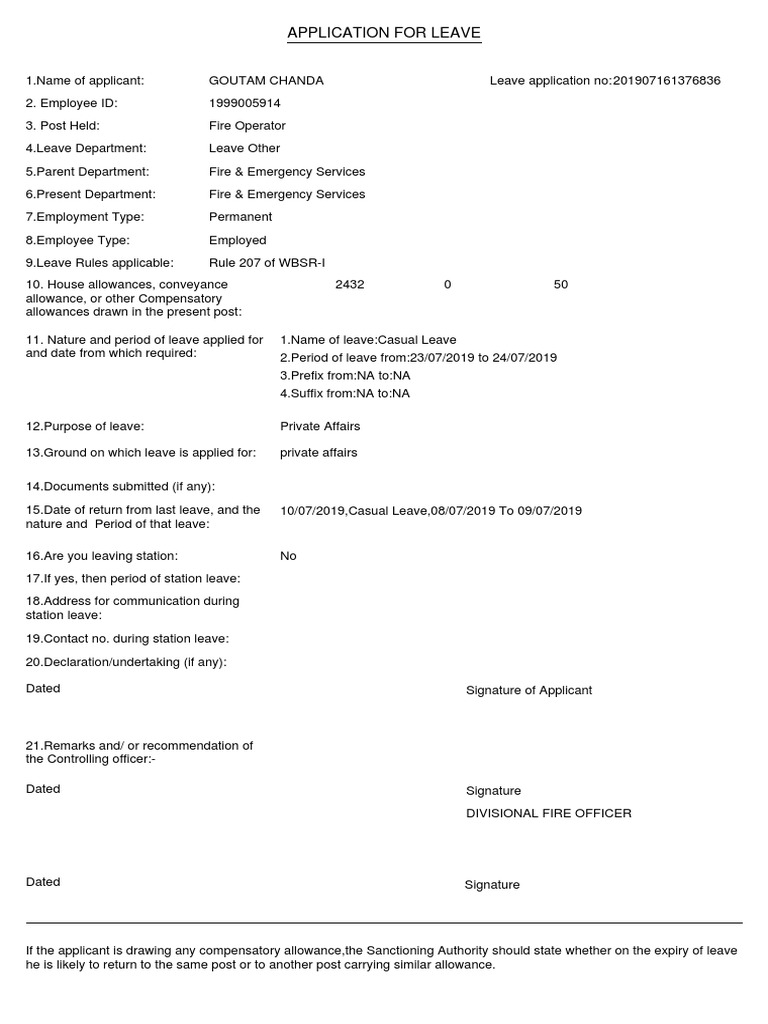 Casual Leave Application Form | PDF