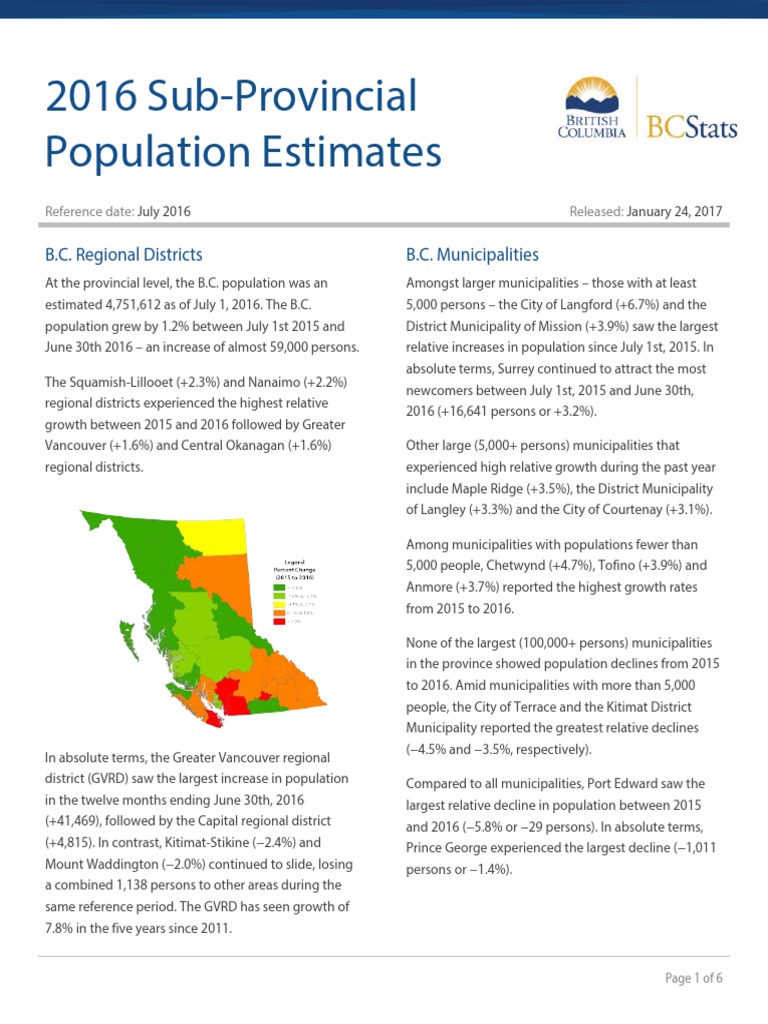 2016 BC Population Estimates Overview | PDF | British Columbia | Canada