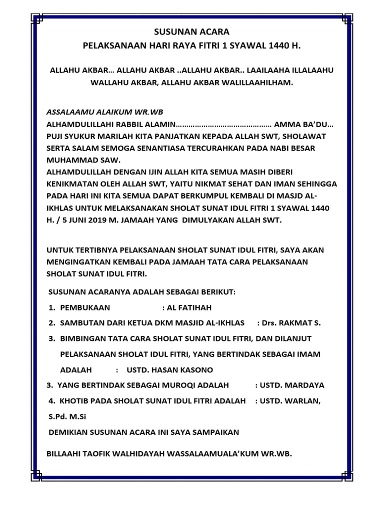 Susunan Acara Pelaksanaan Hari Raya Fitri 1 Syawal 1440 H Assalaamu Alaikum Wr Wb
