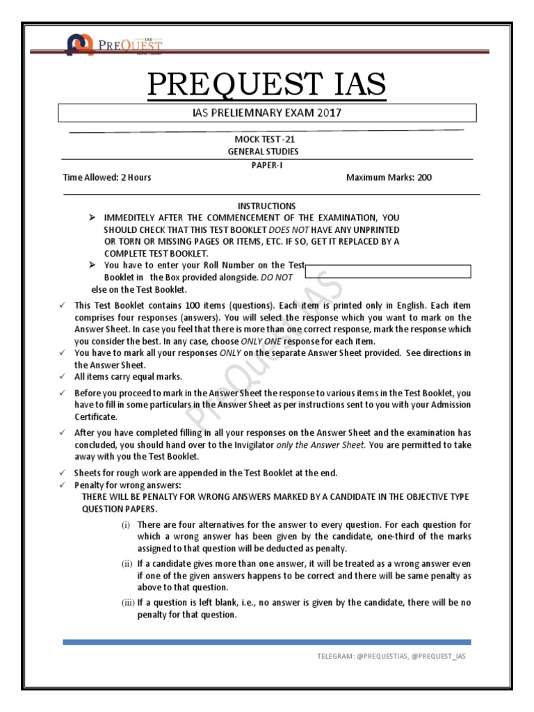 IAS Prelims 2017 Mock Test Paper 21 | PDF | Test (Assessment) | Economies