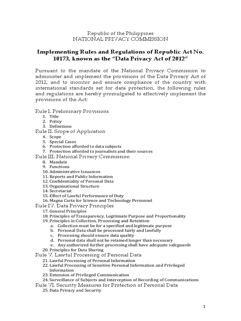 IRR Data Privacy Act RA 10173 PDF Personally Identifiable