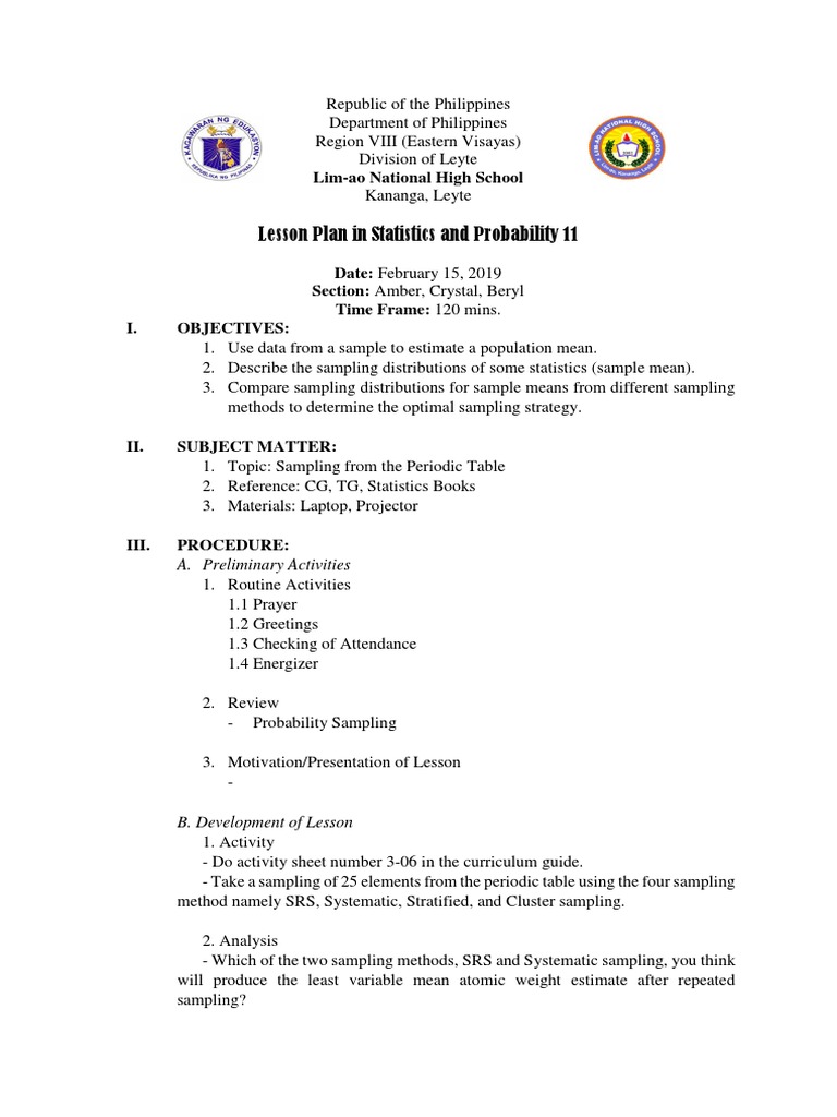 Lesson Plan in Statistics and Probability 11: Lim-Ao National High ...