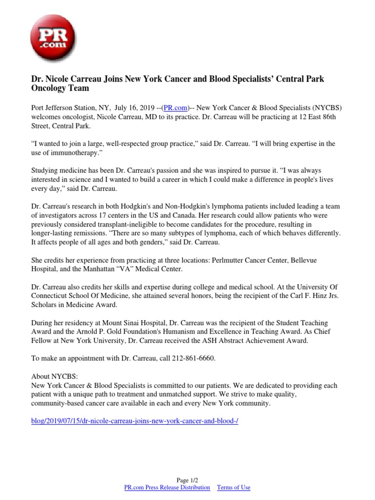 Dr. Nicole Carreau Joins New York Cancer and Blood Specialists' Central