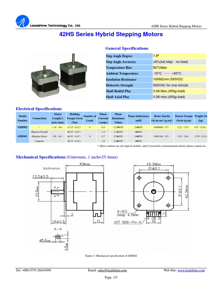 Leedshine 42HS03 Stepper Motor Datasheet Electric Motor Electrical