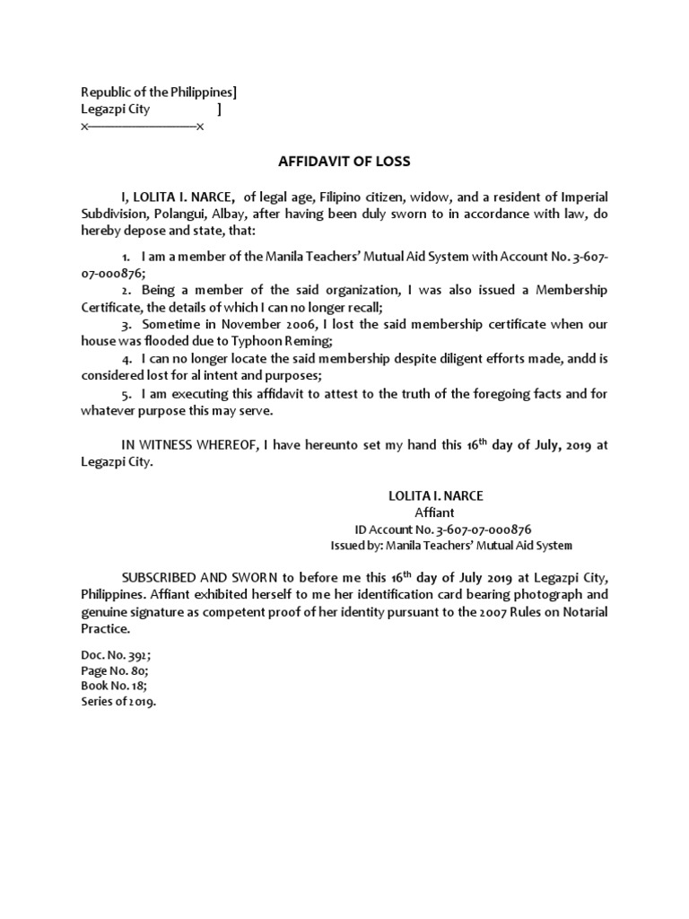 Affidavit of Loss PDF