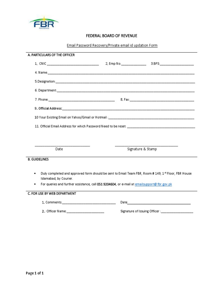 Federal Board of Revenue: Email Password Recovery/Private Email Id ...