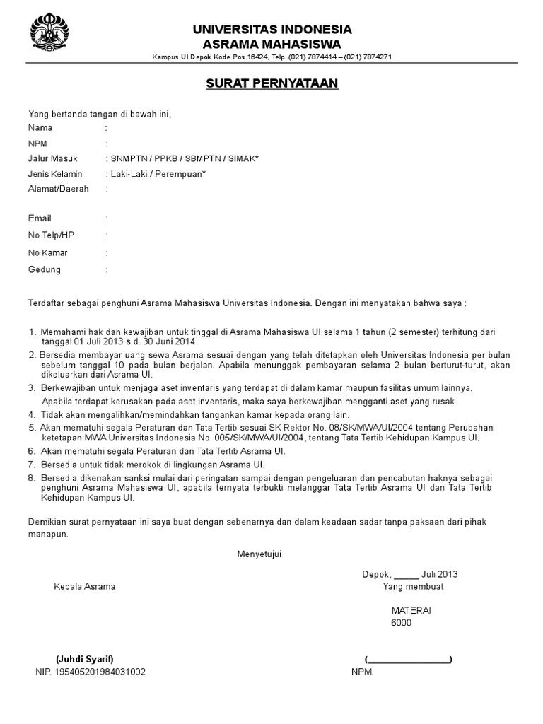Surat Pernyataan Penghuni Asrama