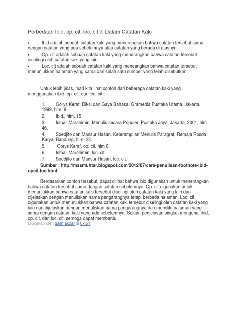 Perbedaan Ibid Op Cit Loc