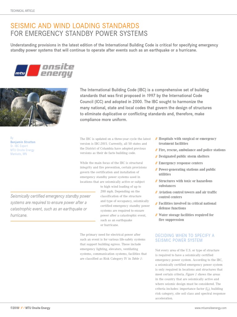 For Emergency Standby Power Systems: Seismic and Wind Loading Standards ...